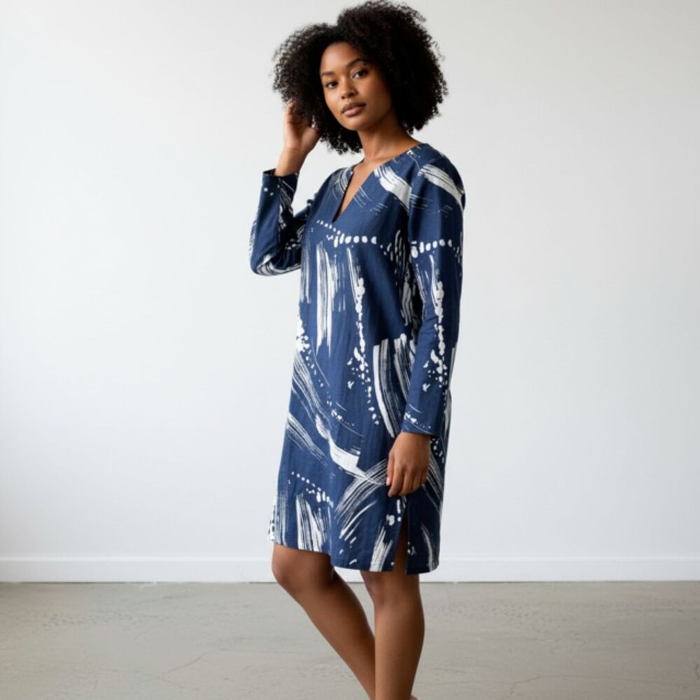 PINE CONE HILL Linen Blend Navy Blue White Tunic Dress Top - Large